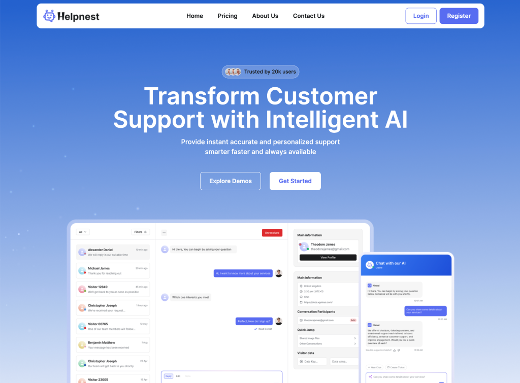 HelpNest AI customer service chatbot dashboard – self-hosted support platform (Best AI Customer Service Chatbots )