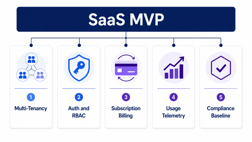 SaaS MVP framework showing 5 technical markers: multi-tenancy, RBAC, billing, telemetry, compliance