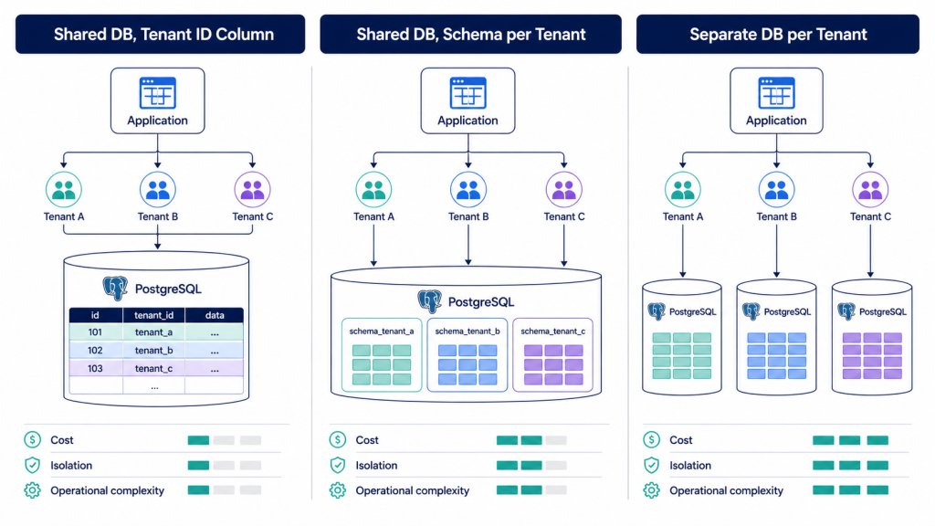 Multi-tenant SaaS MVP architecture comparing shared database, separate schema, and separate database patterns