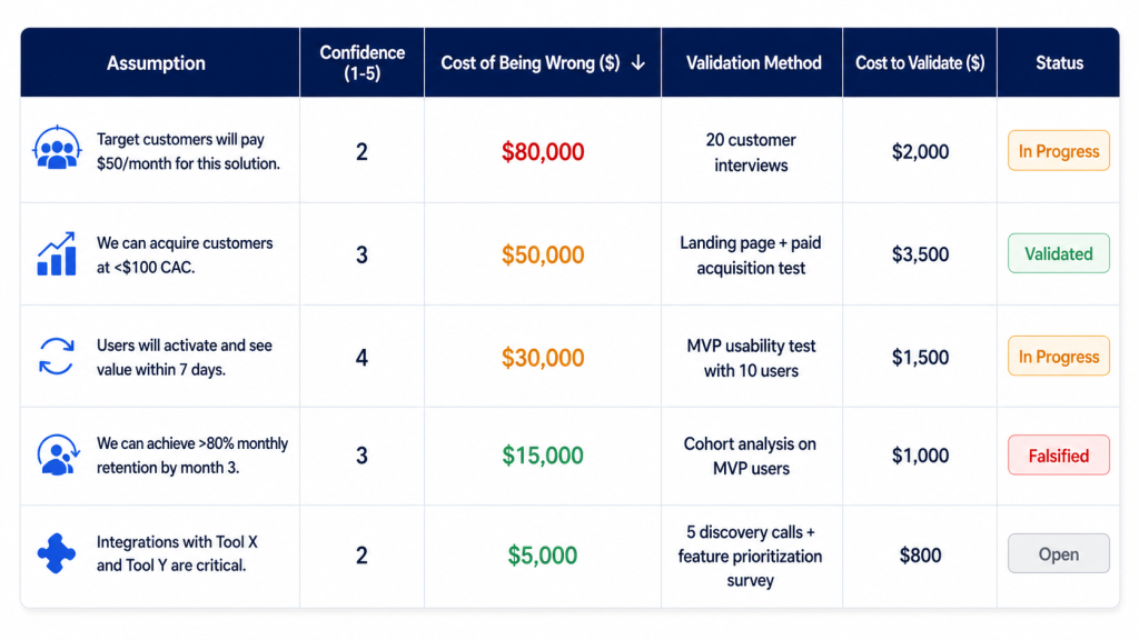 Validation Debt Ledger template for saas idea validation with 6 columns: assumption, confidence, cost of being wrong, validation method, cost to validate, status