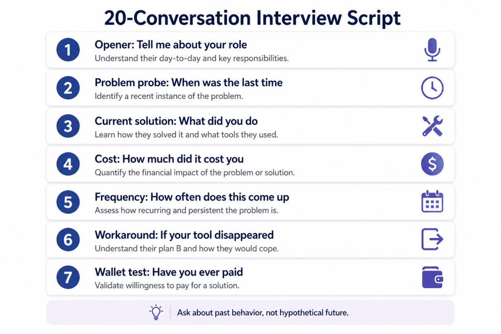 Saas idea validation interview script showing 7 structured questions for the 20-conversation rule