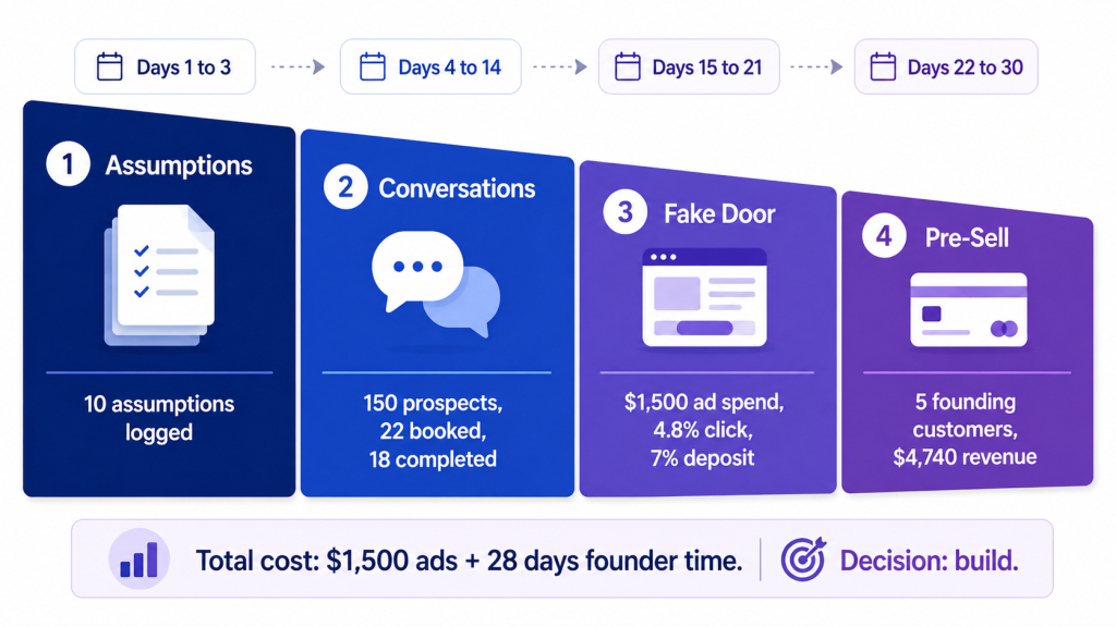 30-day saas idea validation funnel diagram showing prospects, conversations, landing-page traffic, deposits, and pre-sell conversions across four phases