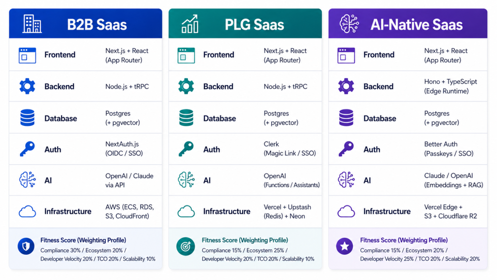 Three saas tech stack archetypes comparing B2B, PLG, and AI-native stacks across frontend, backend, database, AI, and infrastructure choices
