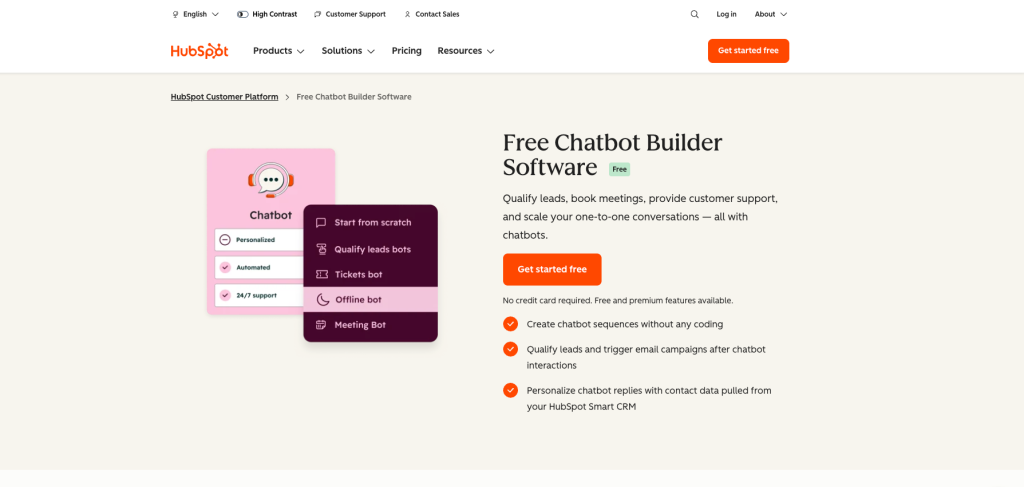 HubSpot AI customer service chatbot builder with CRM integration