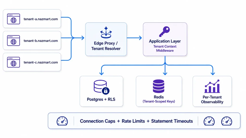 Nazmart multi-tenant saas architecture diagram showing subdomain routing, tenant context middleware, Postgres with row-level security, and per-tenant observability