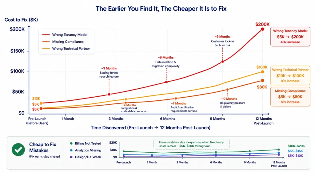 Saas mvp mistakes cost-of-mistake timeline showing how repair cost rises sharply for the three most expensive mistakes when fixed post-launch versus pre-launch