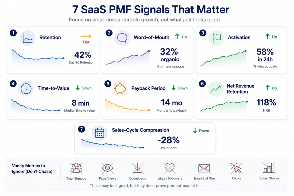 Saas product-market fit dashboard mockup showing the 7 powerful signals: retention, word-of-mouth, activation, time-to-value, payback, NRR, sales-cycle compression