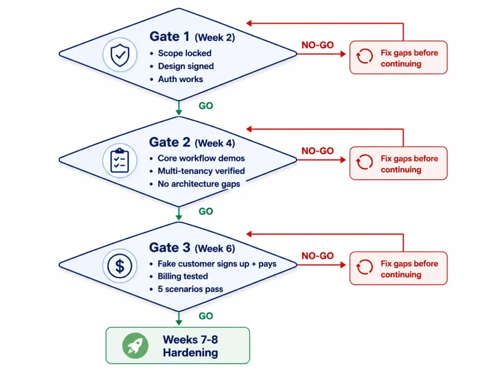 Saas mvp timeline three go/no-go gates diagram showing decision criteria after weeks 2, 4, and 6