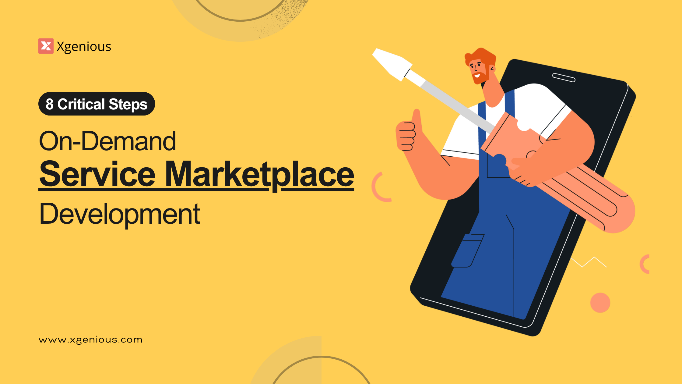 On-demand service marketplace development showing 8 critical components: identity, catalog, booking, geo-routing, payments, communication, quality, mobile apps