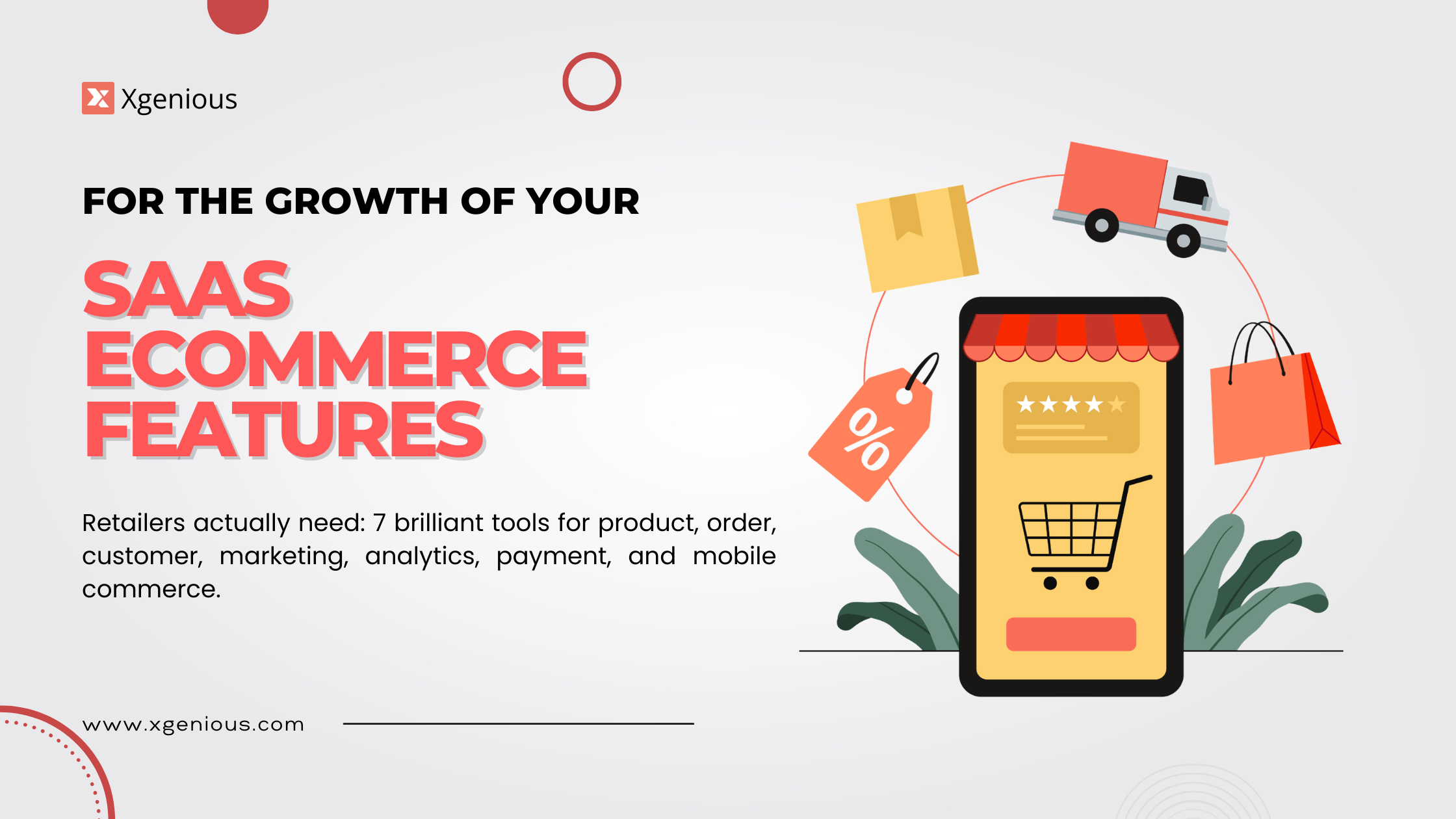 Saas ecommerce features dashboard showing 7 brilliant tools for online retailers: product, order, customer, marketing, analytics, payment, and mobile commerce