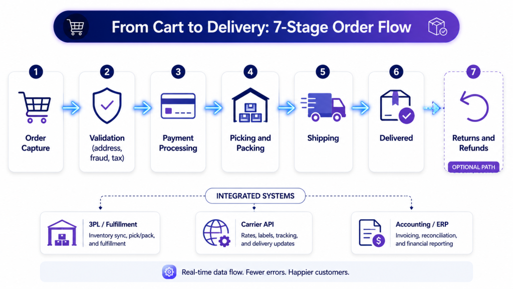 Saas ecommerce features order management workflow showing the 7 stages from order capture to delivery, returns, and inventory restock