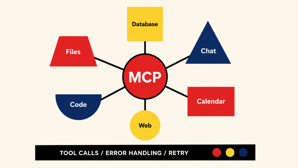 AI agent development action layer architecture showing tool definitions, function calling, MCP protocol, and error handling for production tool use