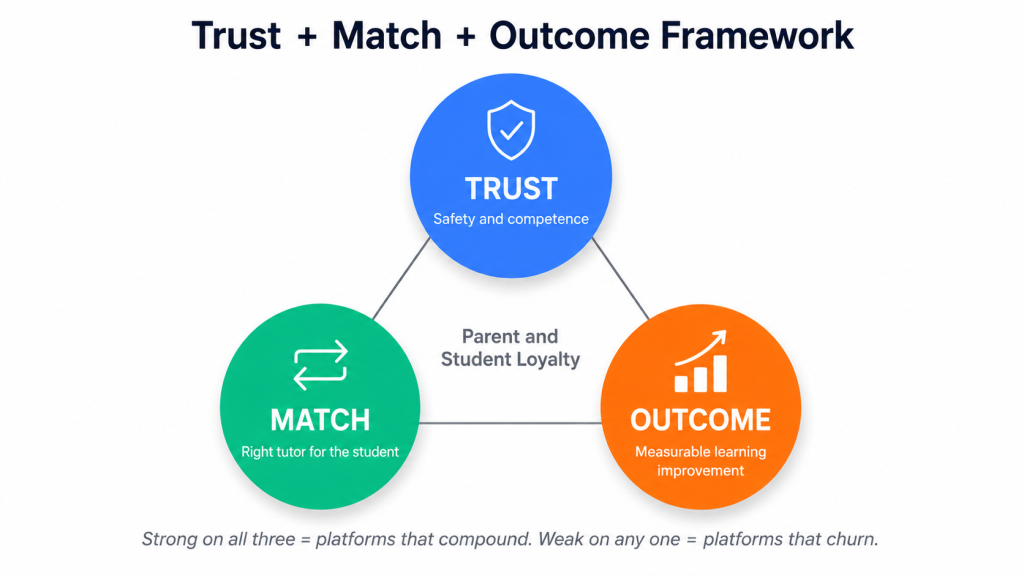 Tutor hiring marketplace development framework showing the three forces parents weigh: trust, match quality, and learning outcome