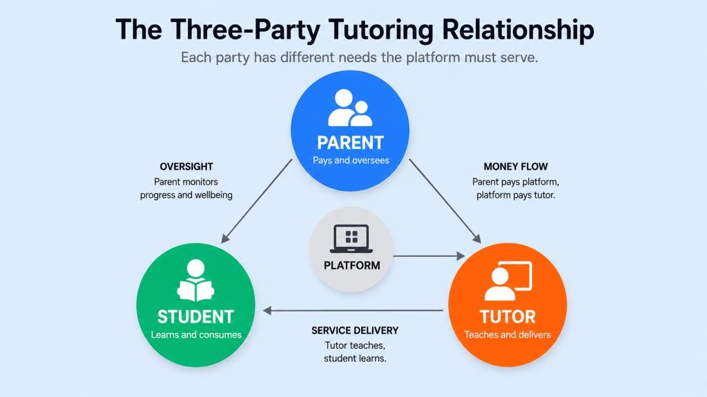 Tutor hiring marketplace development three-party relationship diagram showing how parents, students, and tutors interact on the platform