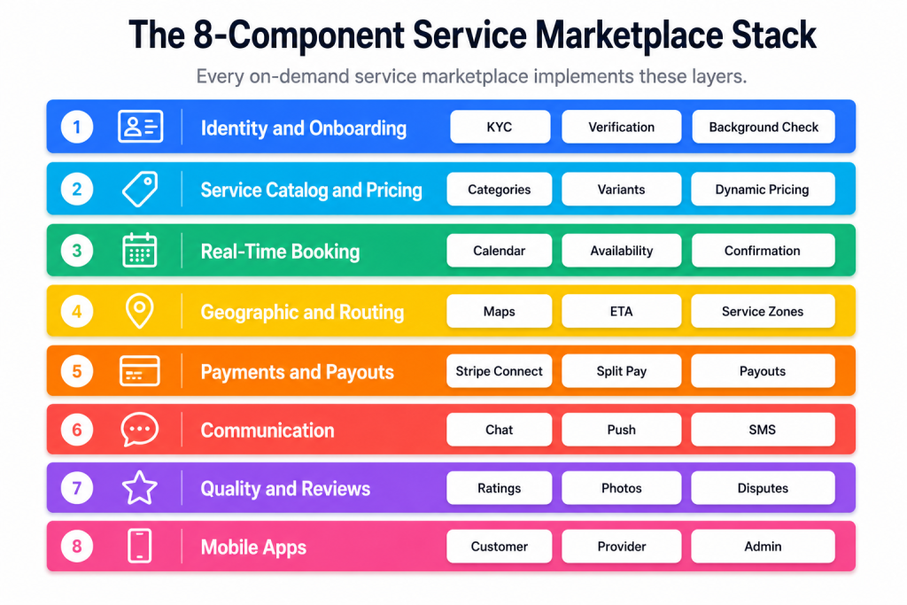 On-demand service marketplace development 8-Component Stack framework showing all 8 layers from identity to mobile apps with sub-components per layer