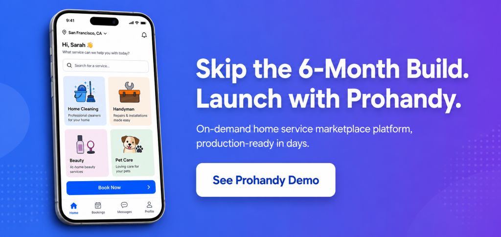 Prohandy on-demand home service marketplace platform CTA banner showing the productized example of on-demand service marketplace development