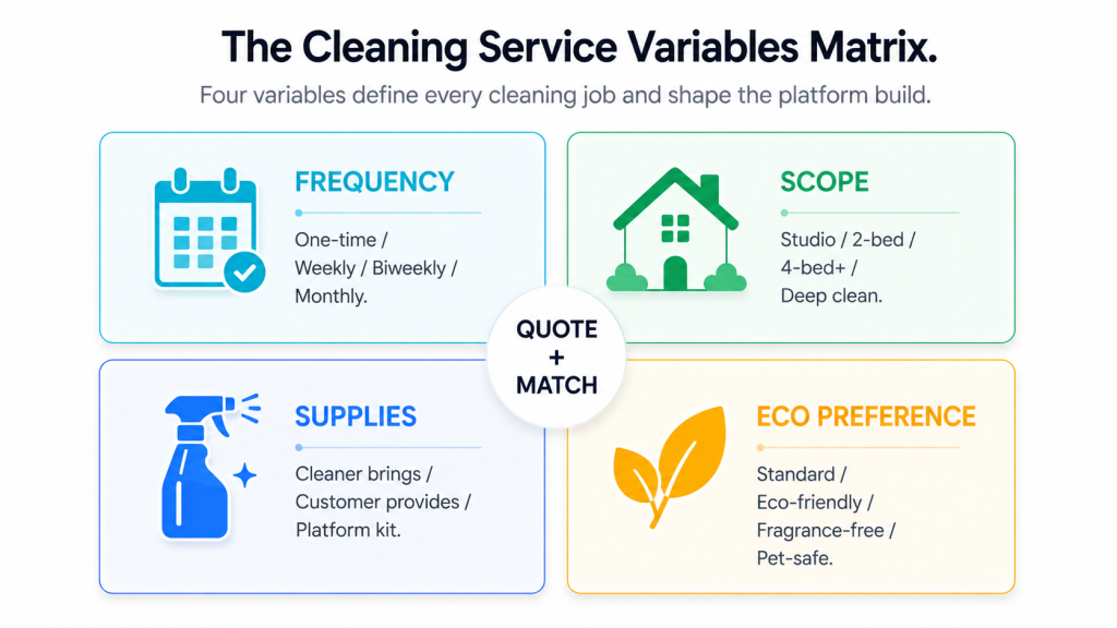 Home cleaning service app development Cleaning Service Variables Matrix showing frequency, scope, supplies, and eco preferences as the four job-defining variables