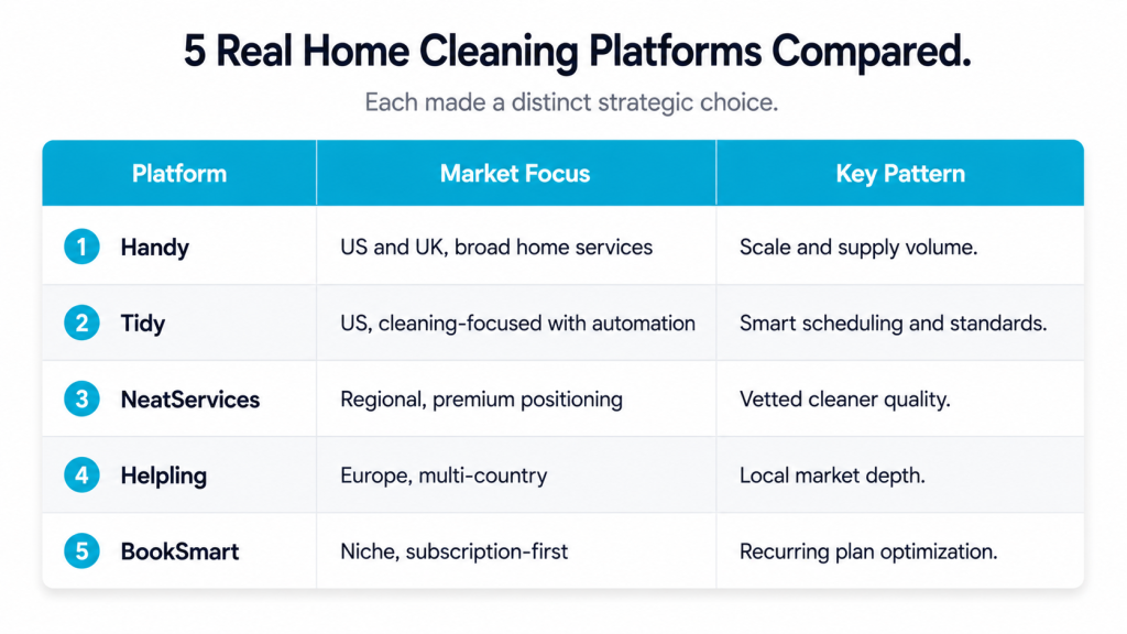 Home cleaning service app development comparison of five real platforms: Handy, Tidy, NeatServices, Helpling, BookSmart with their market focus