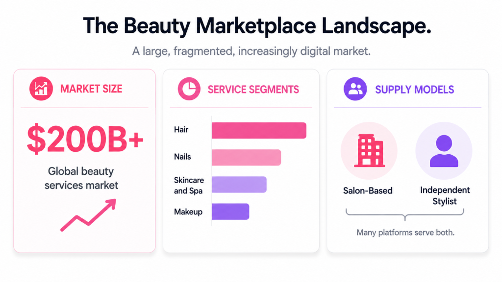 Beauty service app development market landscape showing market size, service sub-segments, and the two supply models