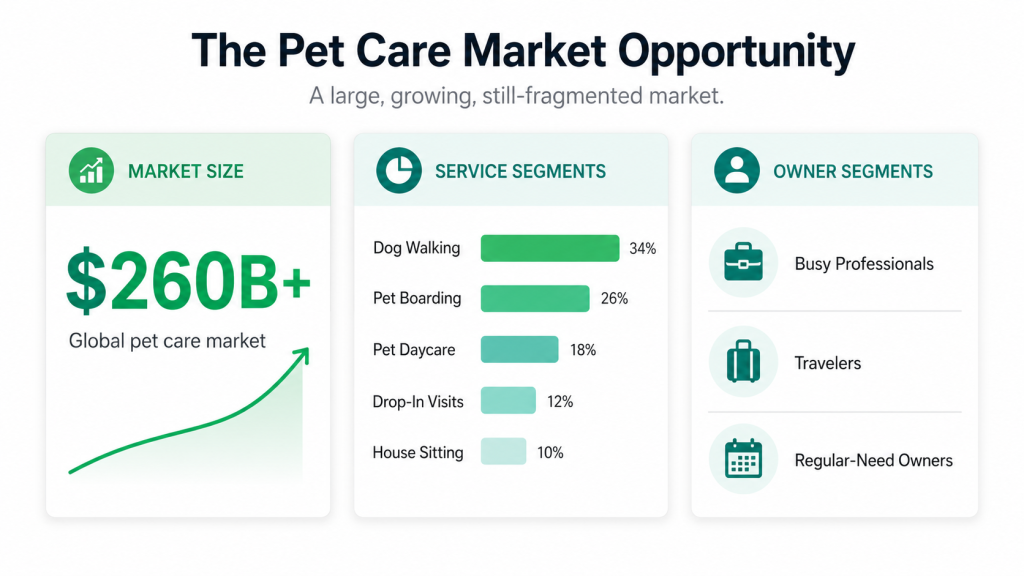 Pet care marketplace market opportunity showing market size, service segments, and customer segments for pet care platforms