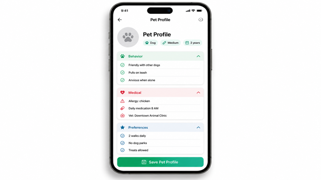 Pet care marketplace pet profile mockup showing behavior, medical, and preference fields for a pet