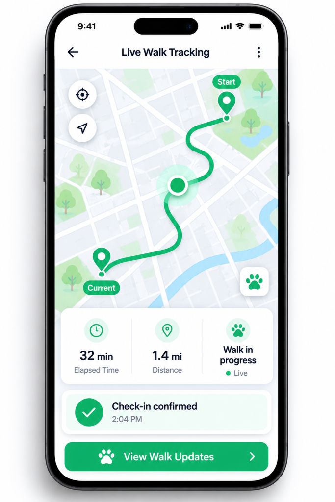 Pet care marketplace GPS tracking mockup showing a live dog walk route map with distance, duration, and check-in confirmation