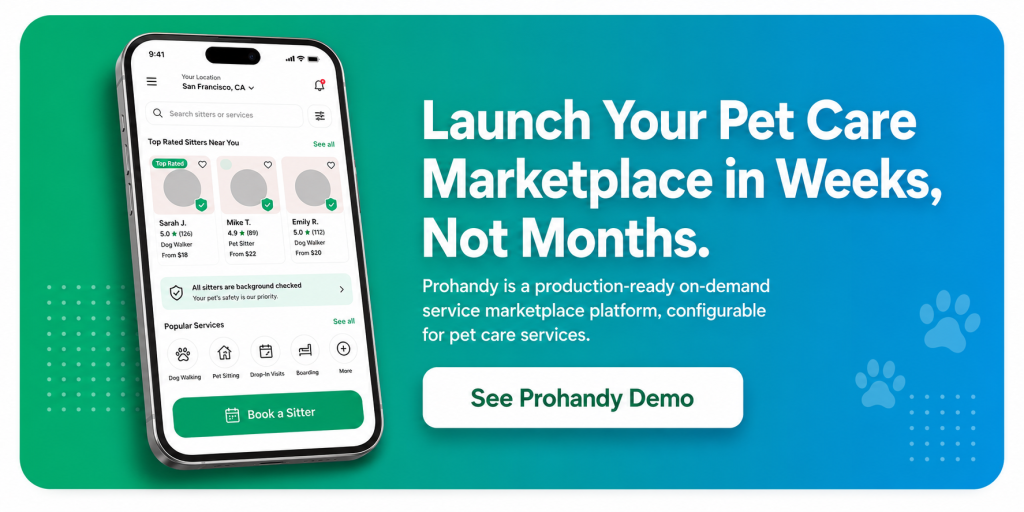 Prohandy on-demand service marketplace platform CTA banner for pet care marketplace development.