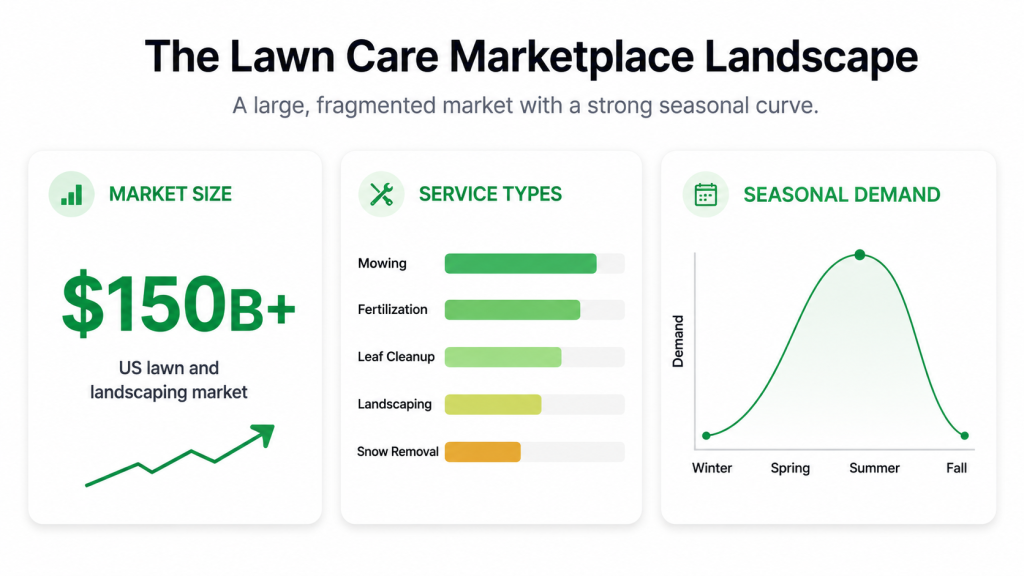 Alt text: Lawn care app development marketplace landscape showing market size, service types, and the seasonal demand curve