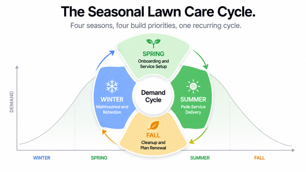 Lawn care app development Seasonal Lawn Care Cycle framework showing the four seasonal quarters and the build priorities for each
