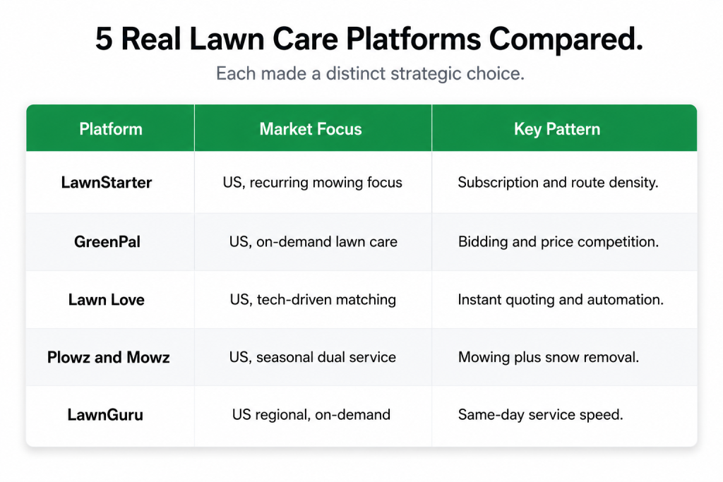 Alt text: Lawn care app development comparison of five real platforms: LawnStarter, GreenPal, Lawn Love, Plowz, LawnGuru with their market focus