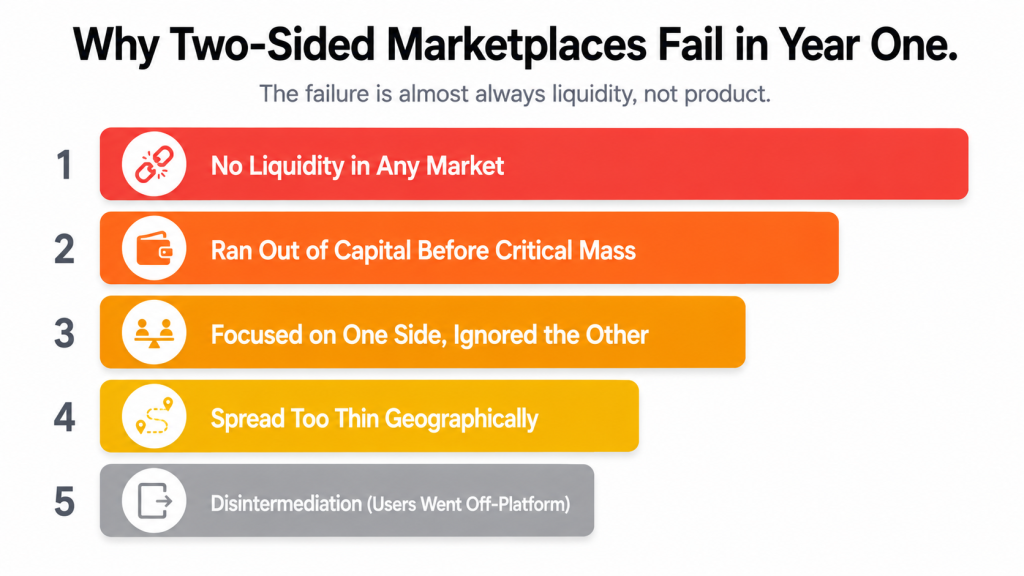 Two-sided marketplace business model failure reasons showing the main causes of marketplace failure in year one