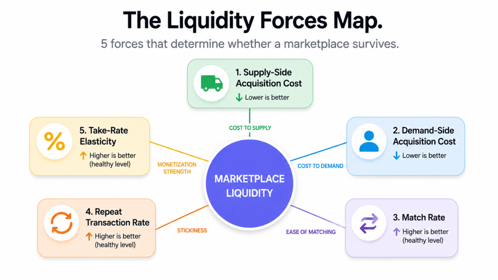 Two-sided marketplace business model Liquidity Forces Map framework showing the 5 forces and how they interact to determine marketplace survival