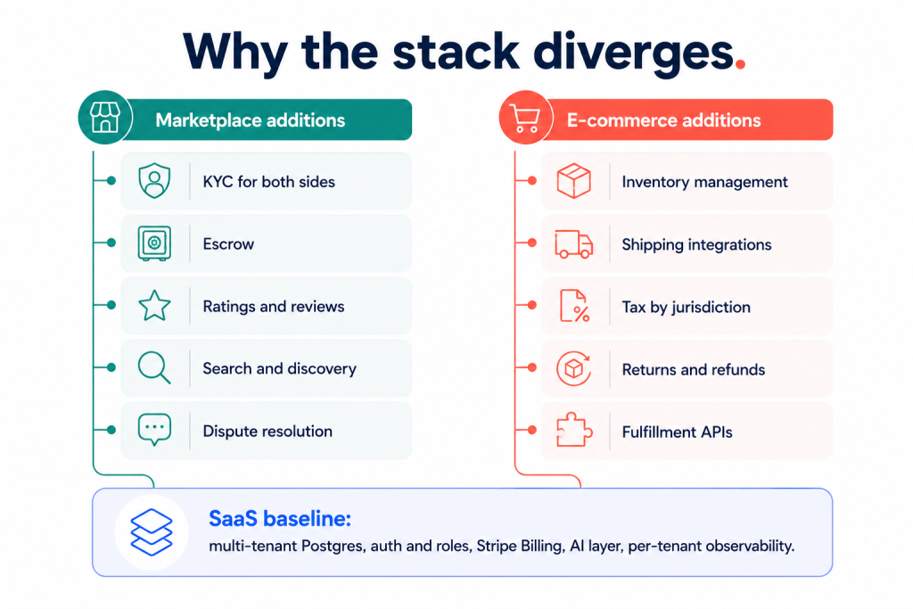 Saas vs marketplace stack diagram showing marketplace and e-commerce layers on a shared saas baseline