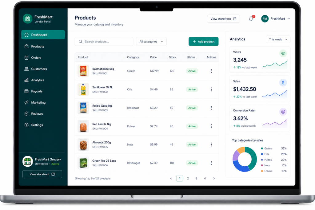 vendor storefront and product management screen in a marketplace