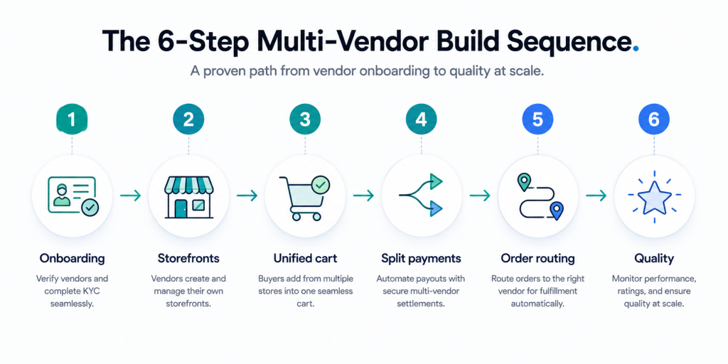 framework: 6-Step Multi-Vendor Build Sequence framework for multi-vendor marketplace development