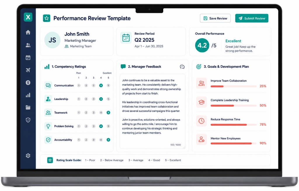 performance review screen in a small business HR platform
