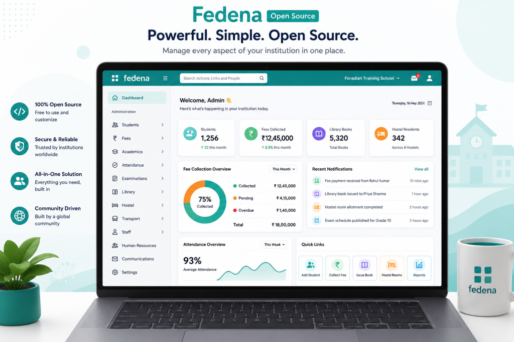 Fedena open source school management dashboard view
