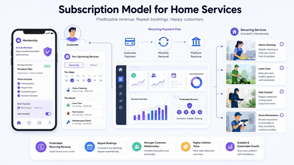 Subscription on-demand home services business model with recurring plans