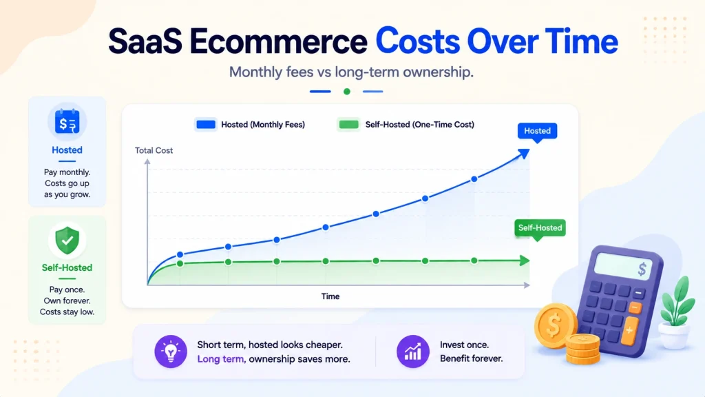 Cost of a hosted versus self-hosted SaaS ecommerce platform over time